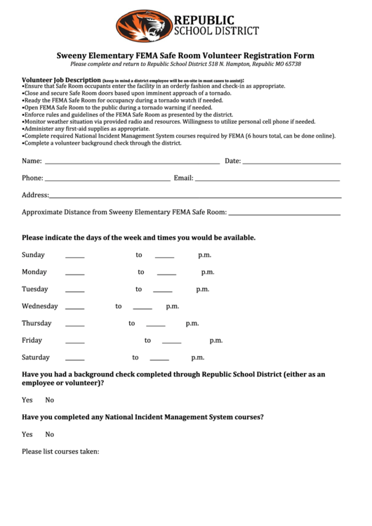 Fillable Sweeny Elementary Fema Safe Room Volunteer Registration Form Printable pdf