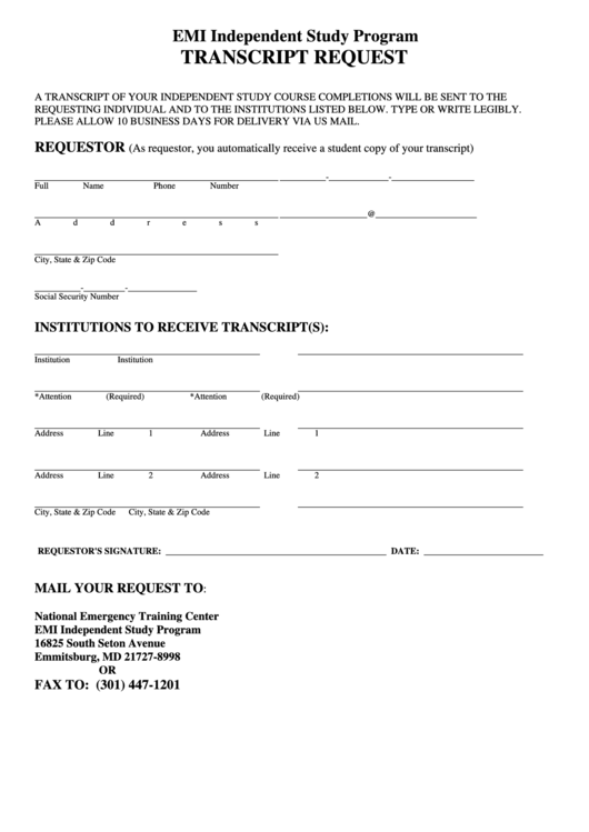 Emi Transcript Request Form Printable pdf