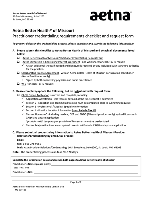 Fillable Form Mo-15-04-69 - Credentialing Application Request Form Printable pdf