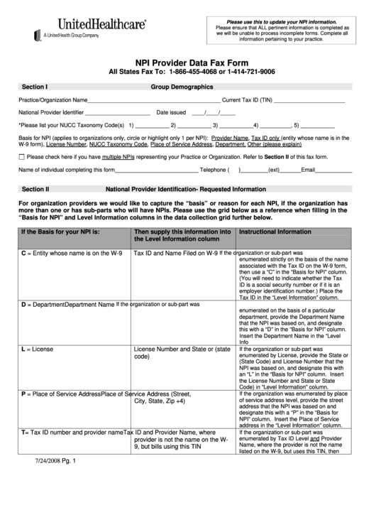 Npi Provider Data Fax Form Unitedn Healthcare Printable pdf