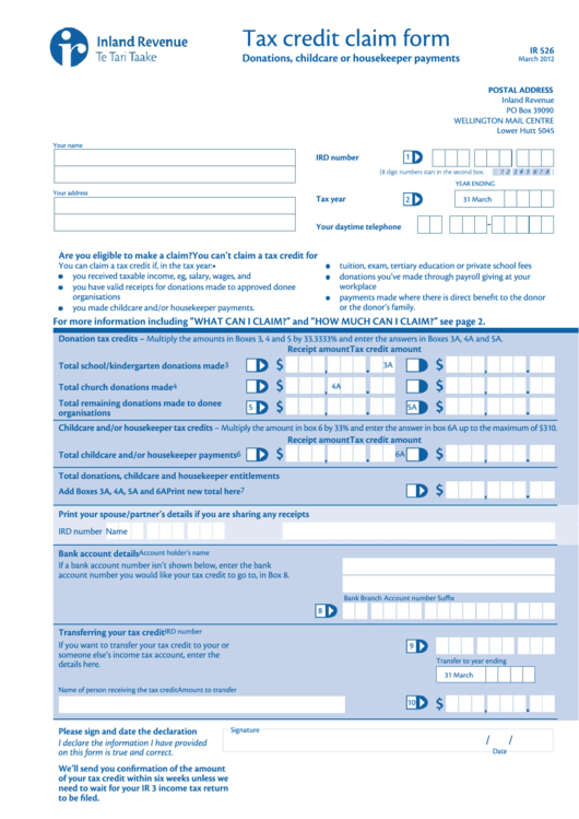 Form Ir526 - Tax Credit Claim Form