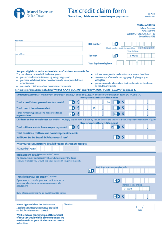 Fillable Form Ir526 Tax Credit Claim Form Printable Pdf Download