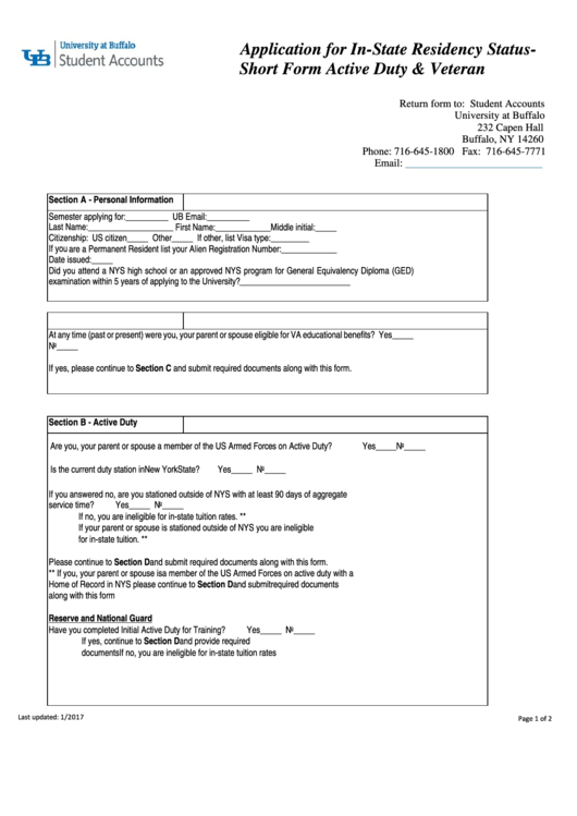 Application For In State Residency Short Form Printable pdf