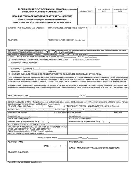 Form Dfs-F2-Dwc-3 - Florida Department Of Financial Services Division Of Workers Compensation Printable pdf