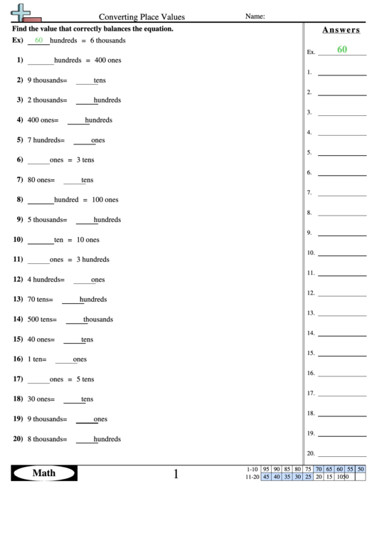 Converting Place Values Worksheet With Answer Key Printable pdf