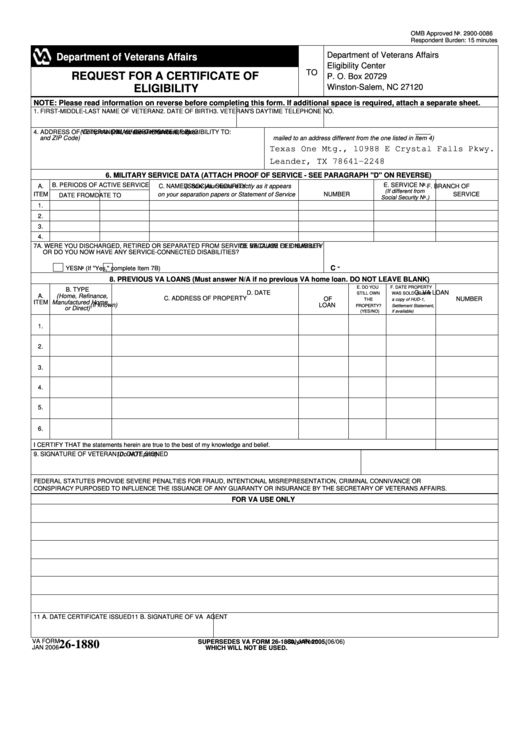 Va Form 26-1880 (2006) - Request For A Certificate Of Eligibility Printable pdf