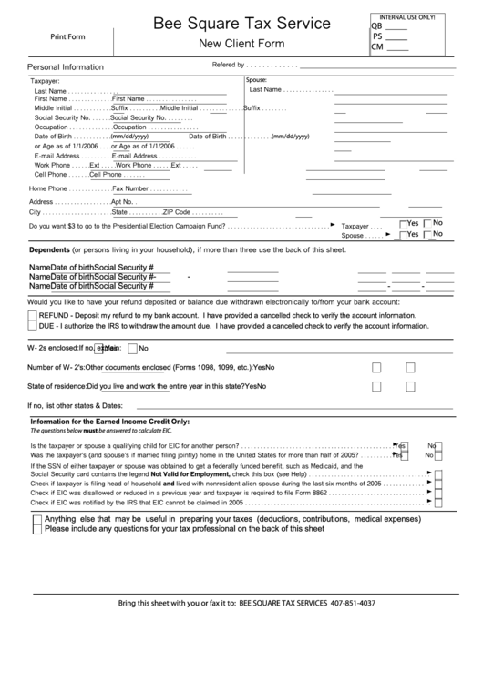 Bee Square Tax Service New Client Form Printable pdf