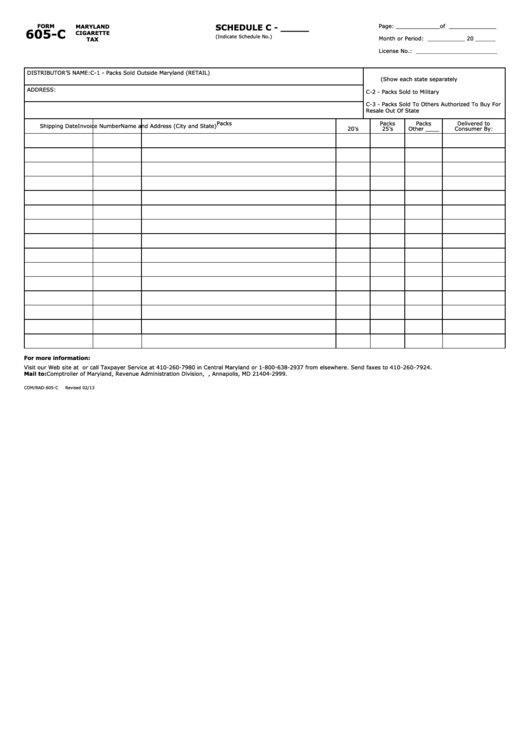 Fillable Maryland Cigarette Tax Form 605-C Printable pdf