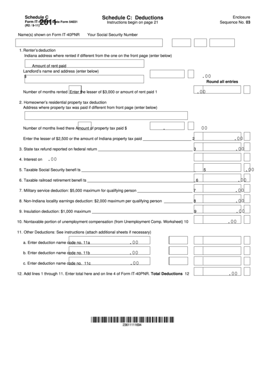 Fillable Form It-40pnr - Schedule C: Deductions - 2011 Printable pdf