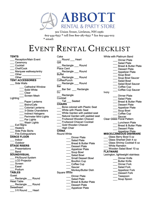 Abbott Rental Event Rental Checklist Printable pdf