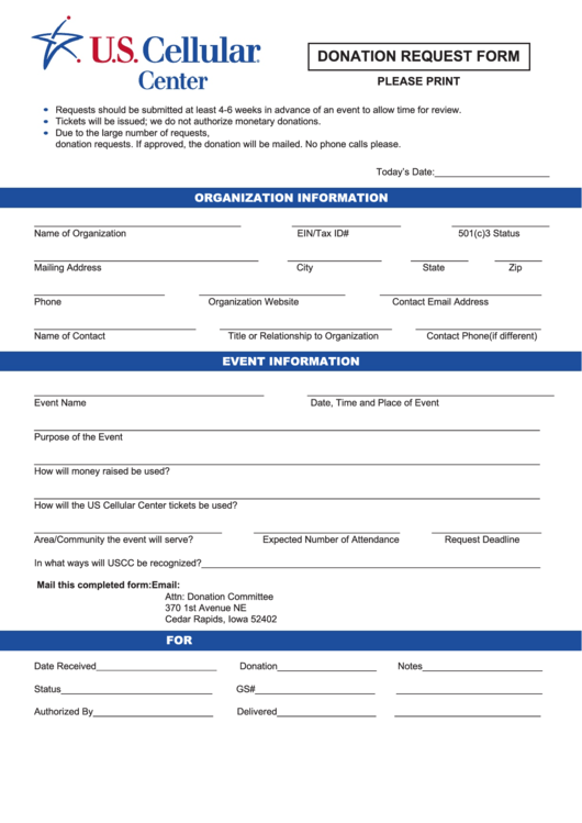 Donation Request Form - Us Cellular Center Printable pdf