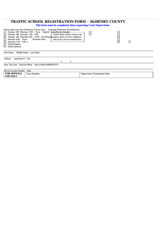 Traffic School Registration Form Mchenry County Printable pdf