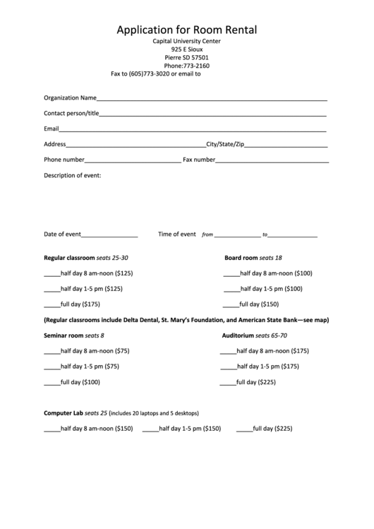 Application For Room Rental - Capital University Center Printable pdf