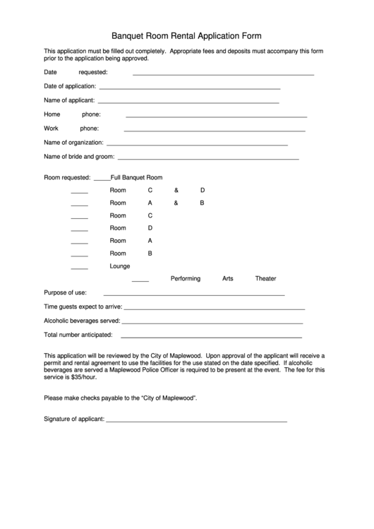 Banquet Room Rental Application Form Printable pdf