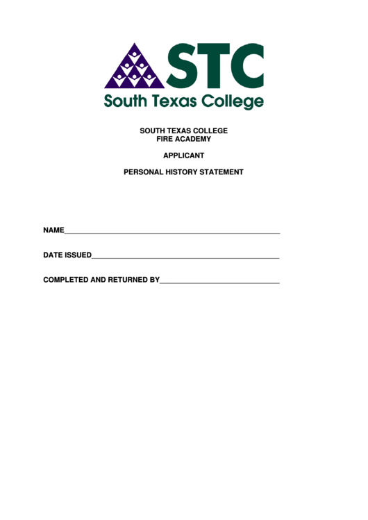 South Texas College Fire Academy Applicant Personal History Printable pdf