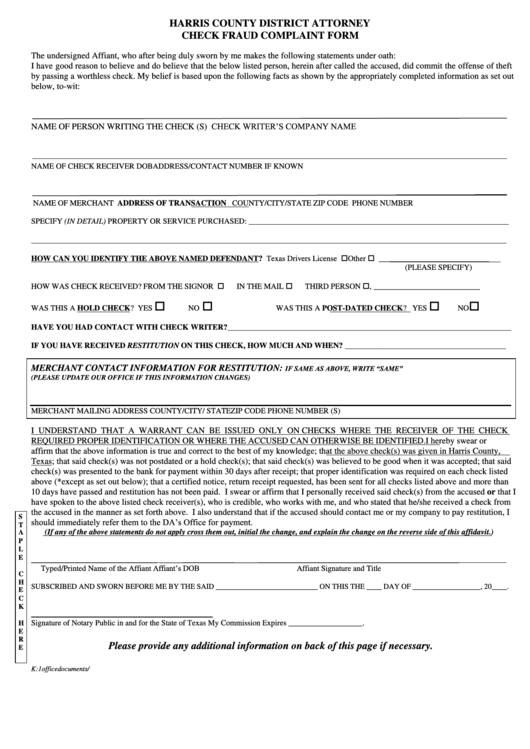 Complaint Form - Harris County District Attorney Printable pdf
