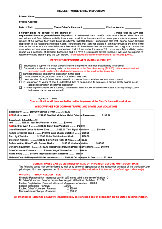 Request For Deferred Disposition - Pasadena Printable pdf