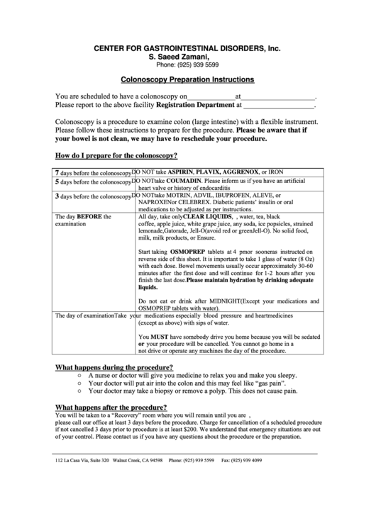 Colonoscopy Preparation Checklist Template - Center For Gastrointestinal Disorders, Inc. Printable pdf