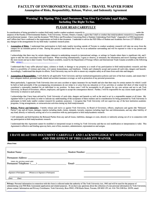 Fillable Travel Waiver Form Faculty Of Environmental Studies Printable pdf