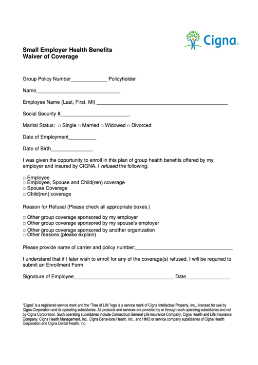 Small Employer Health Benefits Waiver Of Coverage Template Printable pdf
