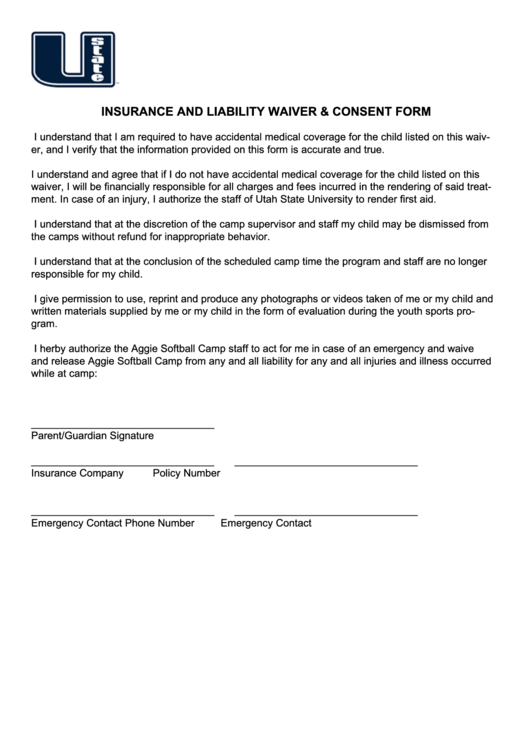 Insurance And Liability Waiver Consent Form Printable pdf