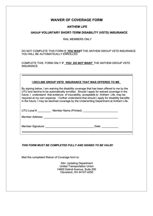 Waiver Of Coverage Form - United Transportation Union Printable pdf