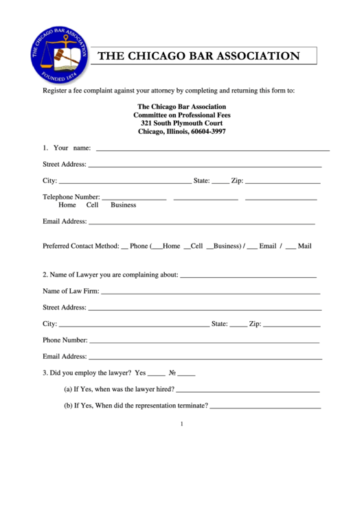 Fee Complaint Form - The Chicago Bar Association Printable pdf