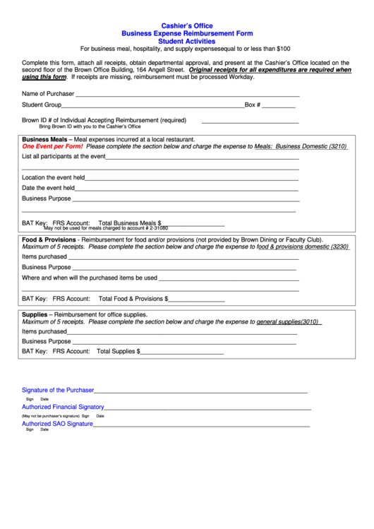 Cashiers Office Business Expense Reimbursement Form Printable pdf