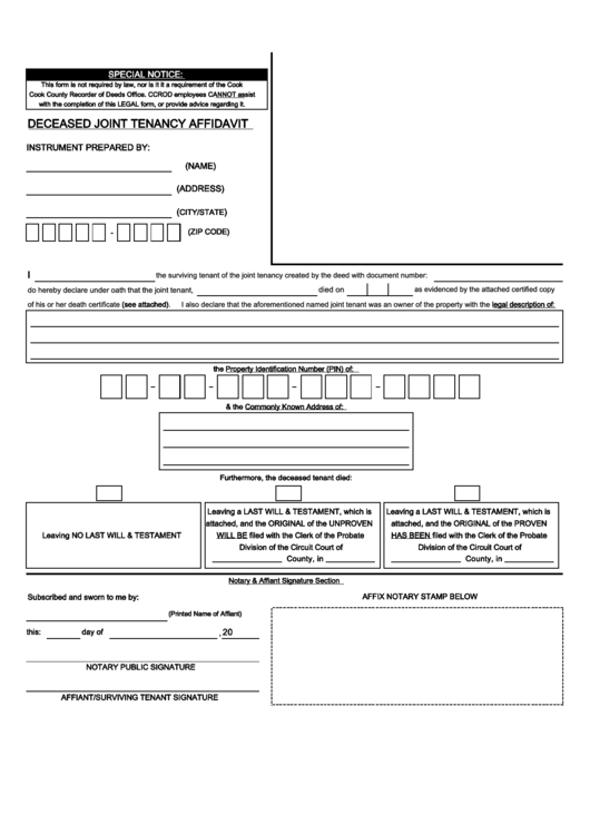 Fillable Deceased Joint Tenancy Affidavit - Cook County Recorder Printable pdf