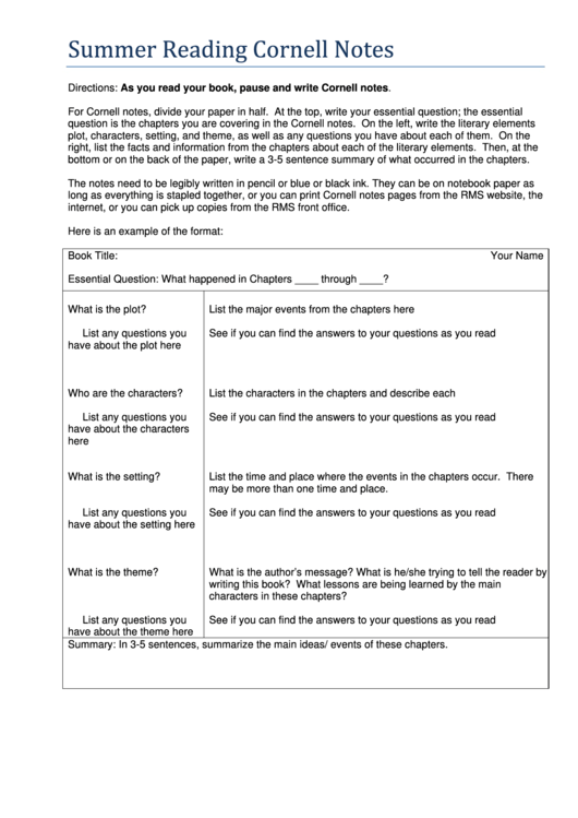 Summer Reading Cornell Notes Template Printable pdf