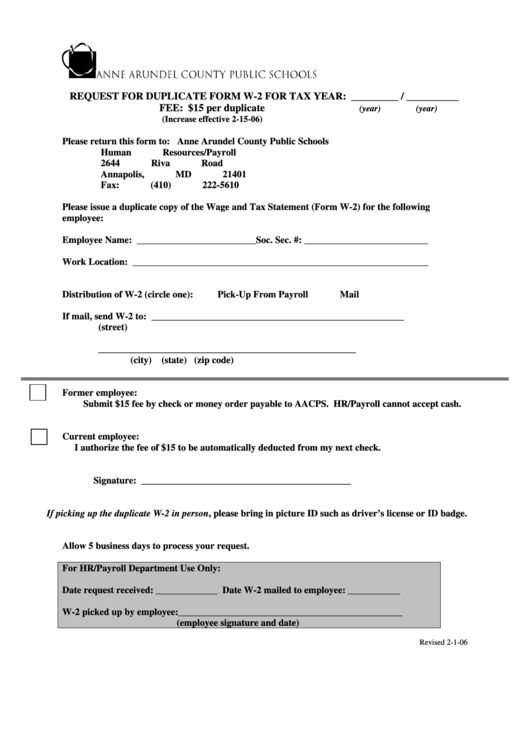 Request For Duplicate W2 Form Printable pdf