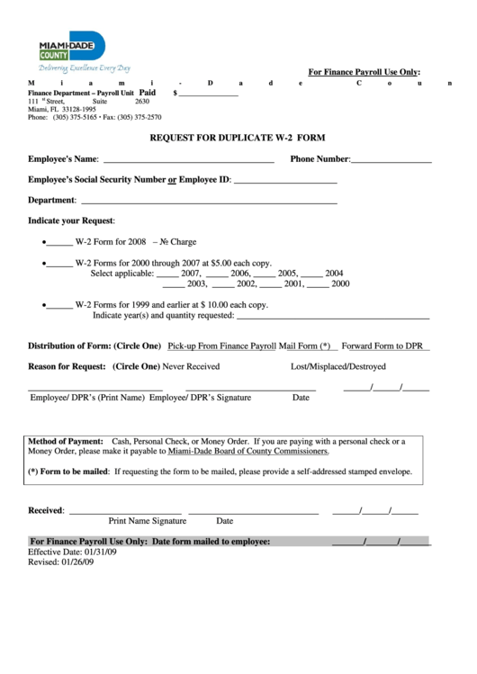 Request For Duplicate W2 Form - Miami Dade County Printable pdf