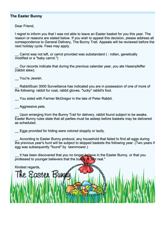 Easter Bunny Funny Checkbox Letter Template For Adults Printable pdf