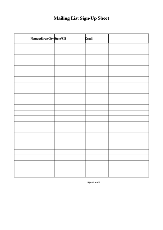 Mailing List Sign-Up Sheet Printable pdf