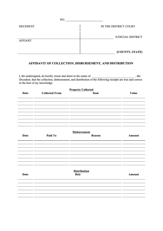 Affidavit Of Collection, Disbursement, And Distribution Printable pdf