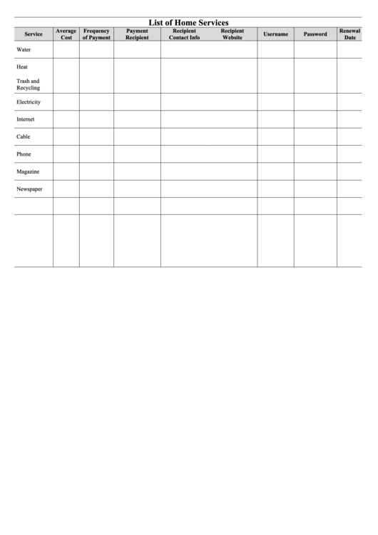 Home Services Expenses Spreadsheet Template Printable pdf