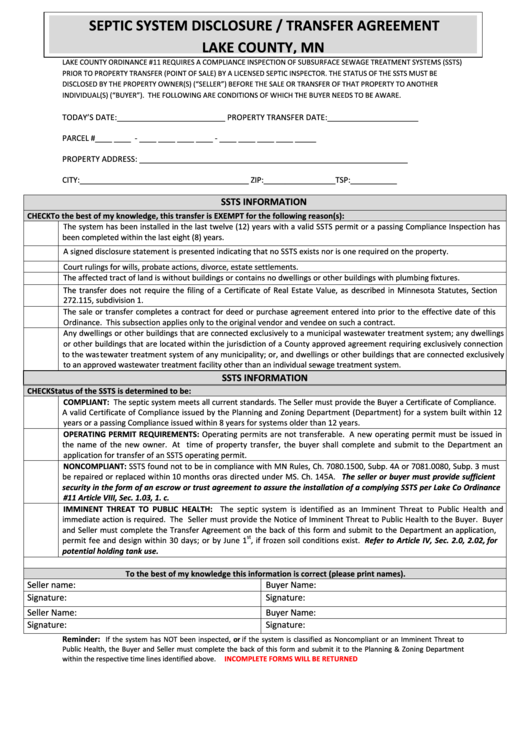 Septic Sysem Disclosure Transfer Agreement Printable pdf