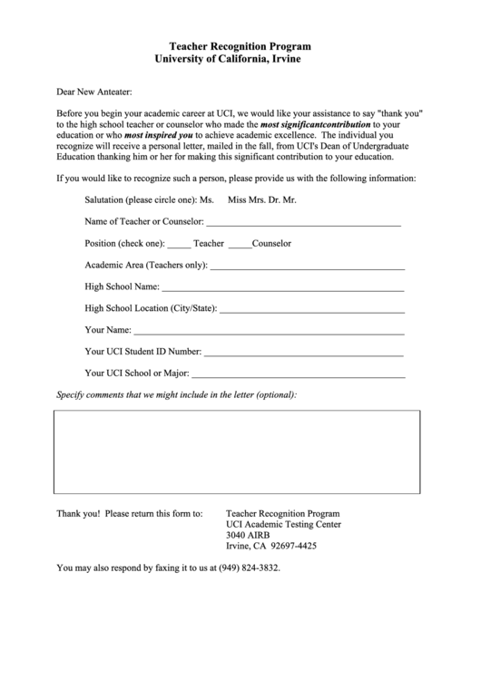 Teacher Recognition Program University Of California Irvine Printable pdf