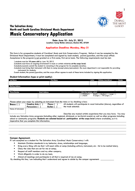 Music Conservatory Application Printable pdf