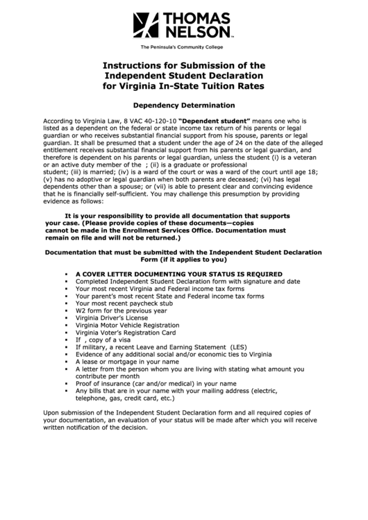 Instructions For Submission Of The Independent Student Declaration For Virginia In-state Tuition Rates