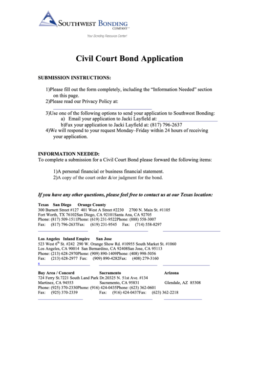 Fillable Civil Court Bond Application Form Printable pdf