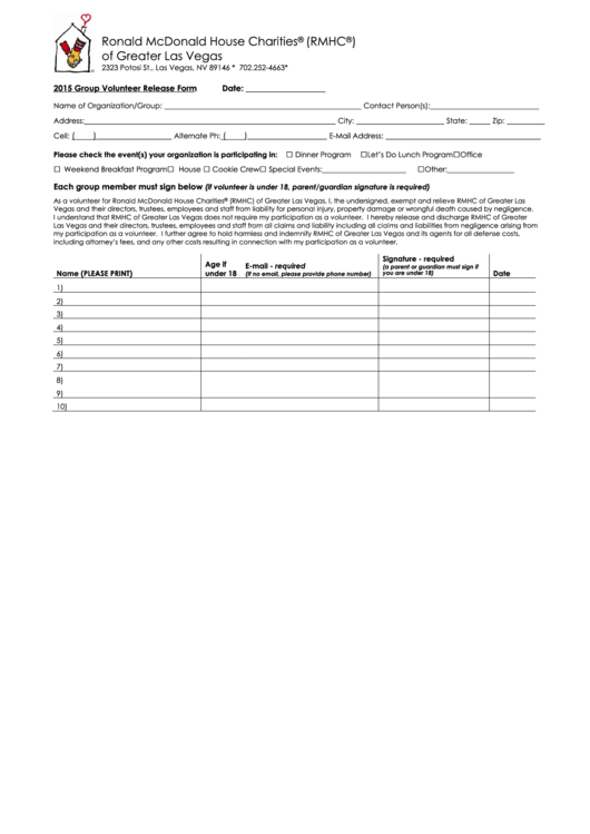Group Volunteer Release Form Printable pdf
