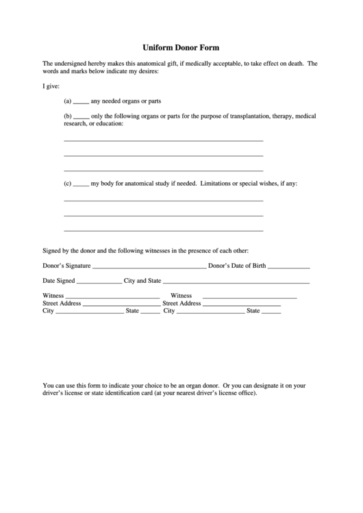 Fillable Uniform Donor Form Template Printable pdf