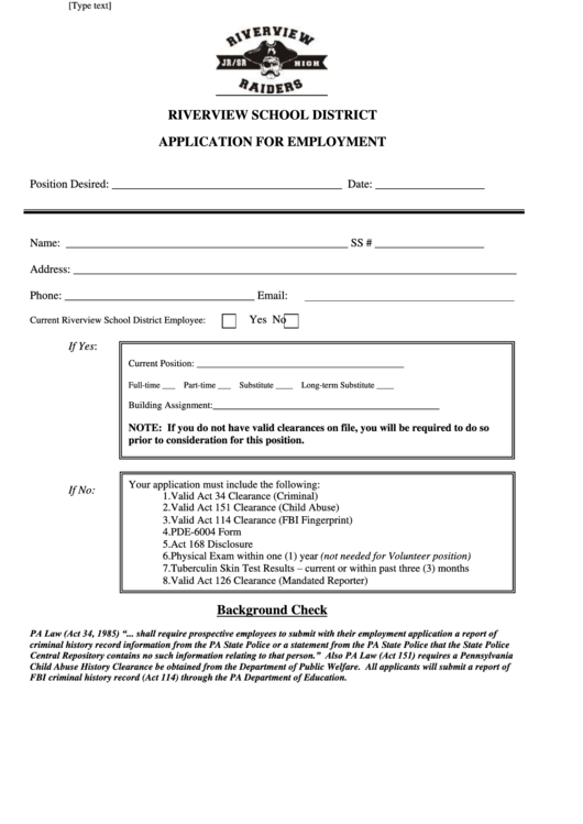 Riverview School District Application For Employment Printable pdf