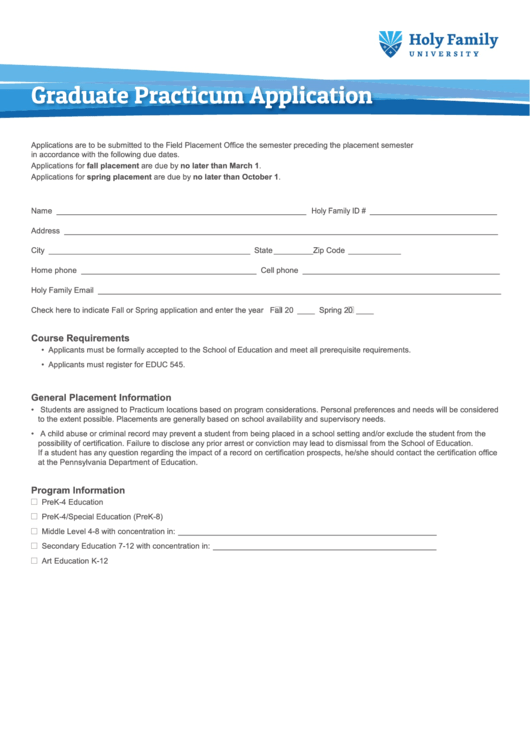 Fillable Graduate Practicum Application - Holy Family University Printable pdf
