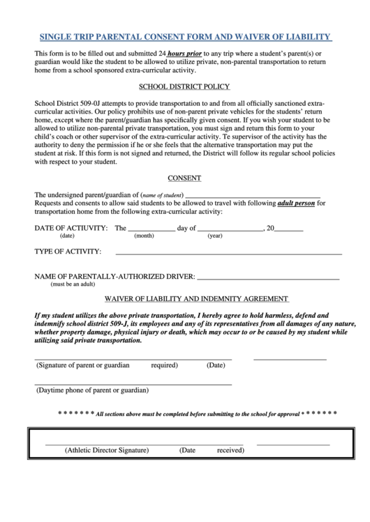 Single Trip Parental Consent Form And Waiver Of Liability Printable pdf