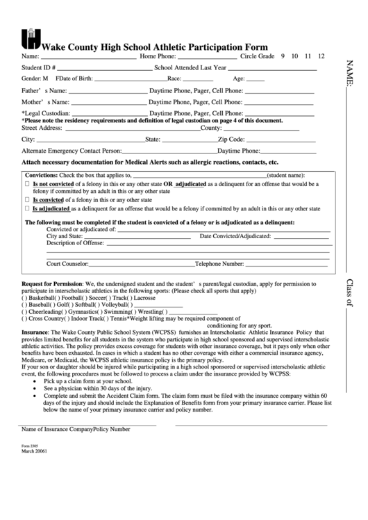 Wake County High School Athletic Participation Form