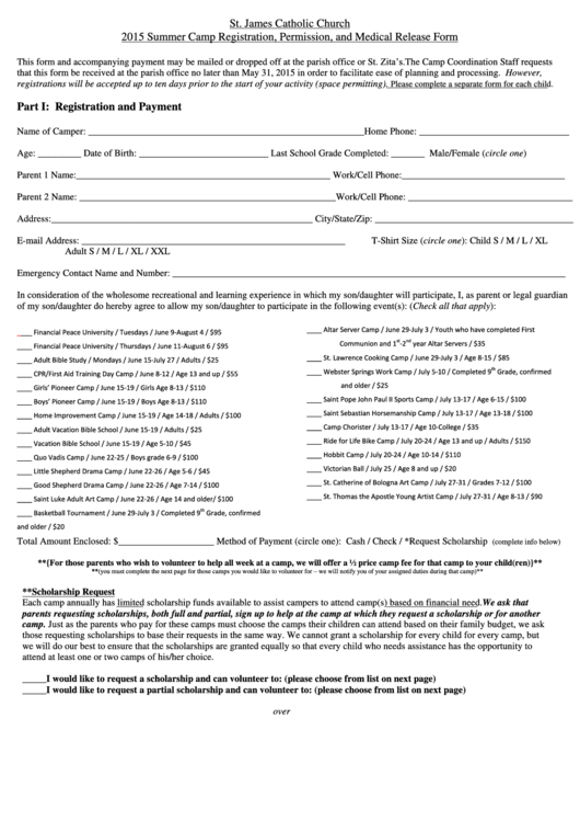 Summer Camp Registration Permission And Medical Release Form Printable pdf