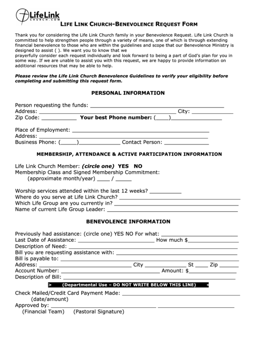 Benevolence Form Application Printable pdf