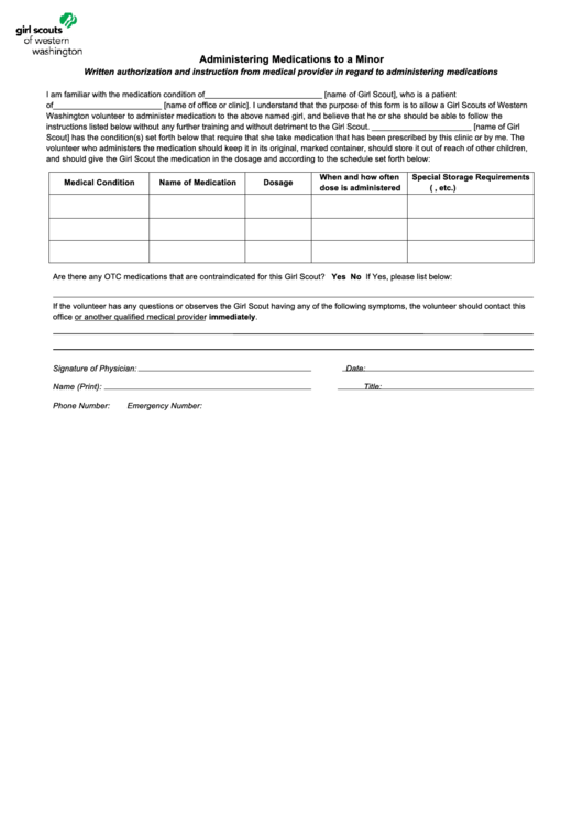 Fillable Administering Medications To A Minor - Girl Scouts Of Western Washington Printable pdf